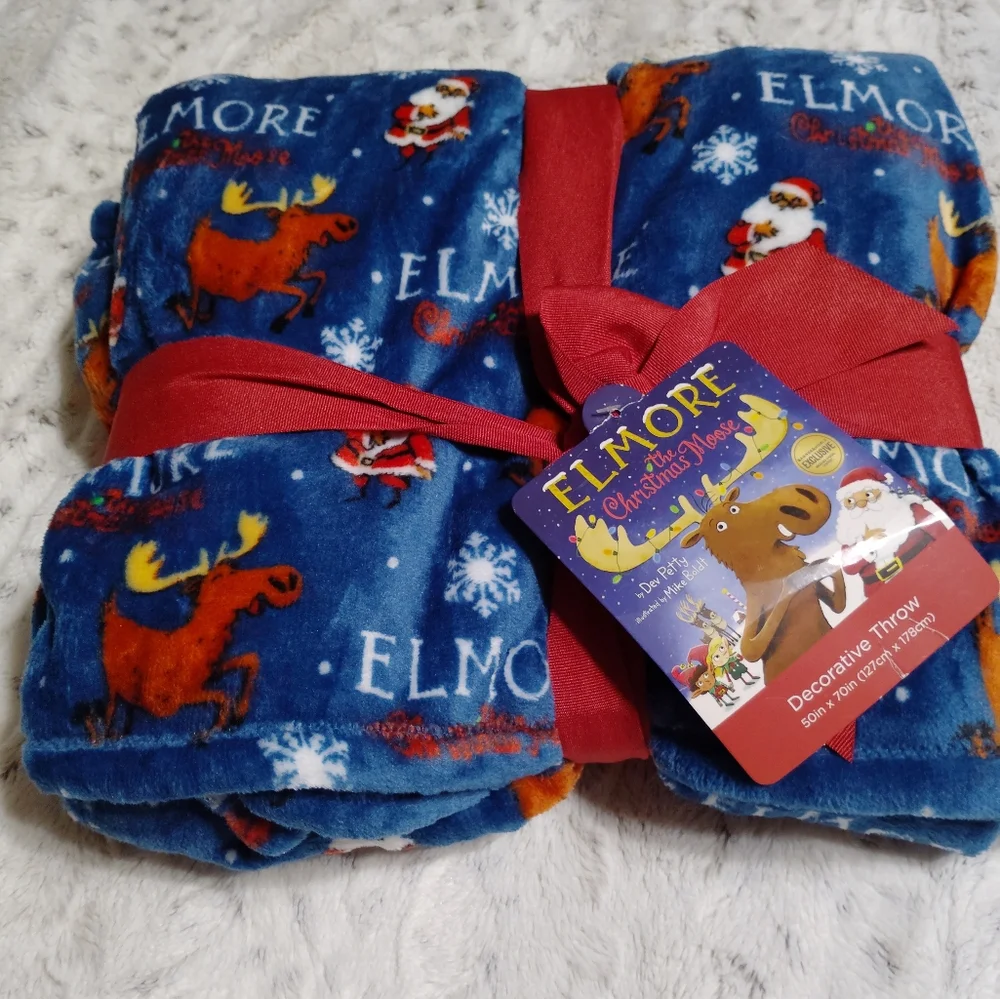 Elmore the Christmas Moose Navy Printed Throw Blanket